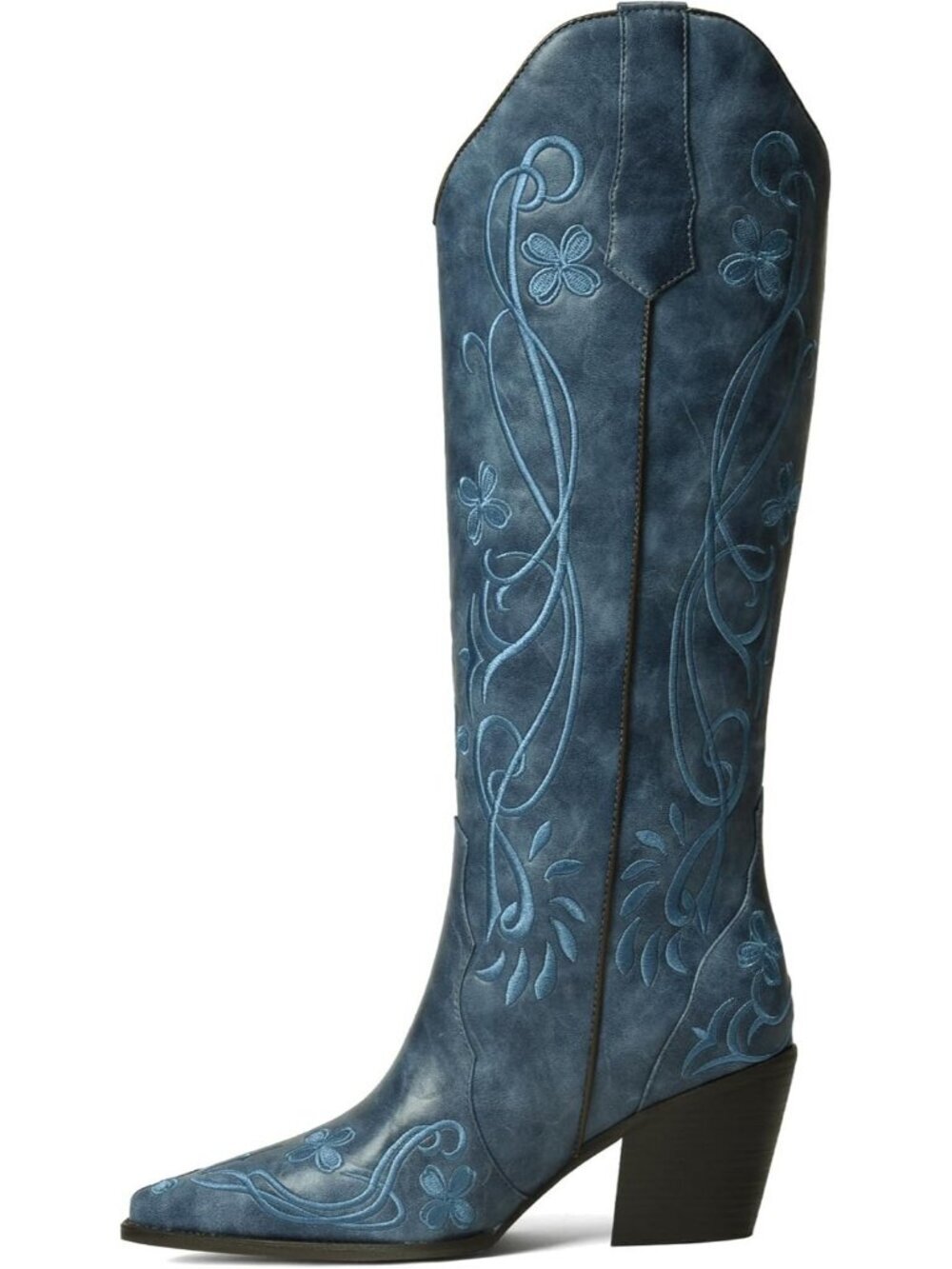 Women's Blue Pu Cowgirl Boot High Knee Vintage with Floral Embroidered Footwear